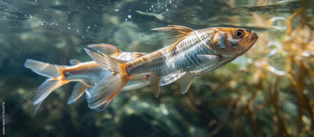 A close-up view of Sarpa Salpa fishes swimming together in an aquarium, captured in natural lighting. The colorful scales and graceful movements of the fish are prominent in the frame.