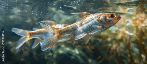 A close-up view of Sarpa Salpa fishes swimming together in an aquarium, captured in natural lighting. The colorful scales and graceful movements of the fish are prominent in the frame. © TheWaterMeloonProjec