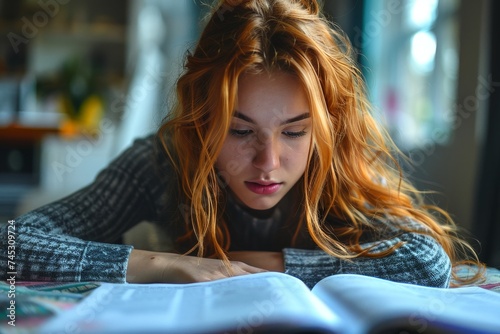 Intensely focused young woman with red hair studying from a large textbook