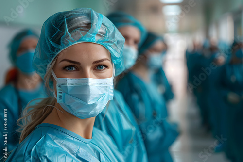 Team of doctors and nurses in hospital hall. Smiling medical personnel. Group of medics wearing scrubs, medical gowns. Surgeon, general practitioner, therapist, diagnostician. Male and woman