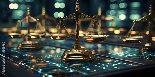 Representation of digital law scales on data center background symbolizing justice. Concept Digital law, Data center, Justice symbol, Scales of justice, Legal technology