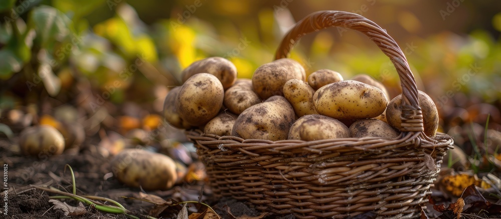 A basket filled with harvested dirty potatoes sits on the ground, showcasing the abundance of the harvest. A basket filled with harvested dirty potatoes sits on the ground, showcasing the abundance of the harvest.