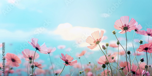 pink flowers in blue sky with bokeh motion in the background