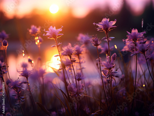 purple flowers are pictured surrounded by a sunset bloom