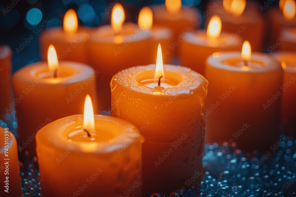 Several burning candles provide a warm and peaceful ambiance, evoking feelings of serenity and contemplation Several burning candles provide a warm and peaceful ambiance, evoking feelings of serenity and contemplation