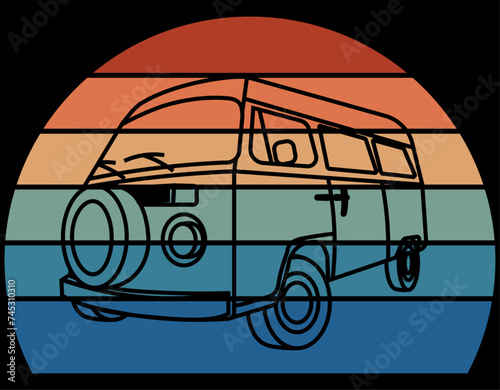 Retro Sunset with Campervan striped design, Element for Camping T Shirt design