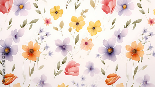 Watercolor seamless pattern with spring flowers