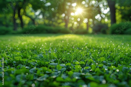 The sunrise peers through the trees, illuminating dew drops on the vibrant green grass in a peaceful spring morning