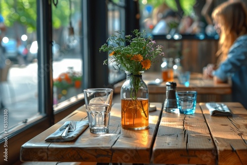 A warmly lit photograph featuring a simple yet inviting cafe table setting with flowers in a vase