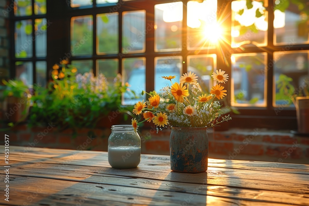 Fototapeta premium Warm sunlight bathes a cozy rustic scene with a jar of milk and wild daisies in a metal vase on an aged wood table