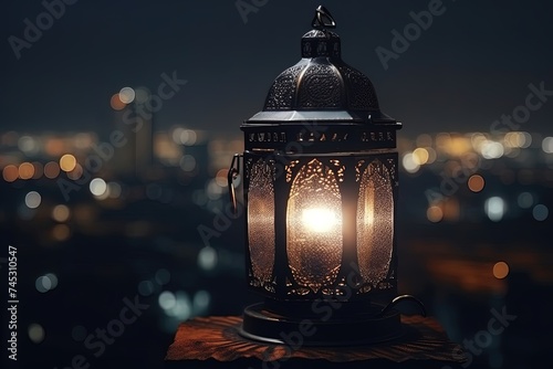 Night concept with light from a lantern on the dark background.