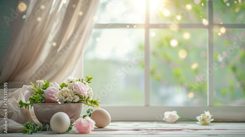 Easter table background of free space for your product. Blurred window background. Eggs and flowers decoration.