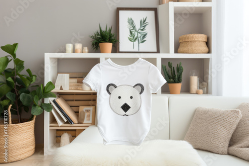 A charming white baby onesie with a bear face design  presented in a warm  plant filled nursery setting