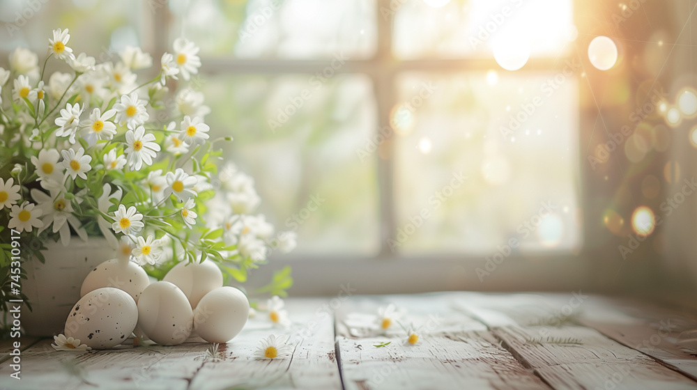 Easter table background of free space for your product. Blurred window background. Eggs and flowers decoration. - obrazy, fototapety, plakaty 