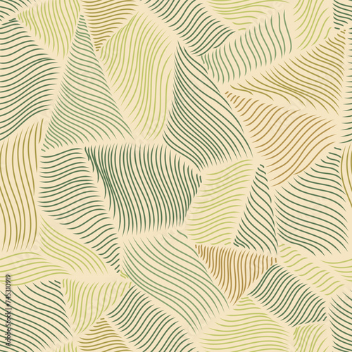 Endless background of collage geometric shapes with elegant wavy line texture. Abstract organic hand drawn mosaic print in shades of green.