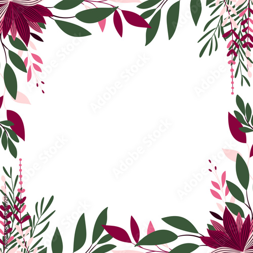 Elegancka karta z dekoracją botaniczną w odcieniach różu i zieleni. Kwiatowy wzór z liśćmi i gałązkami.