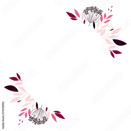 Elegancka karta z dekoracją botaniczną w odcieniach różu. Kwiatowy wzór z liśćmi i gałązkami. Ilustracja wektorowa.