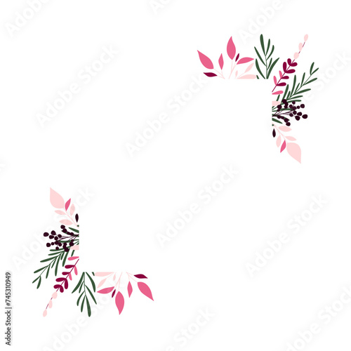 Elegancka karta z dekoracją botaniczną w odcieniach różu i zieleni. Kwiatowy wzór z liśćmi i gałązkami. Ilustracja wektorowa.