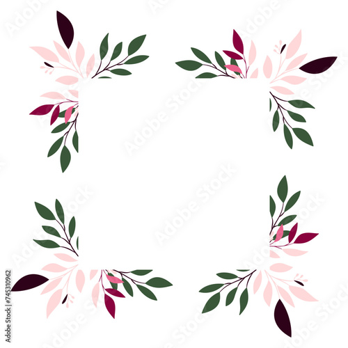 Elegancka karta z dekoracją botaniczną w odcieniach różu i zieleni. Kwiatowy wzór z liśćmi i gałązkami. Ilustracja wektorowa.