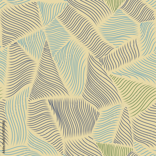 Seamless pattern of patchy geometric shapes with elegant line texture in green, blue and yellow. Abstract desaturated hand drawn mosaic print.