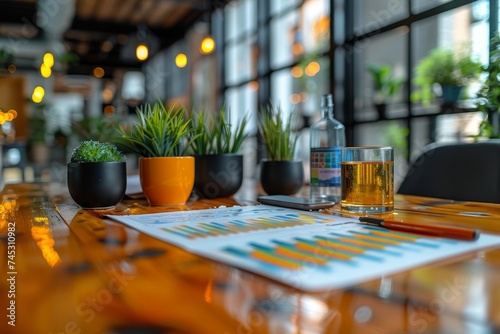 Wallpaper Mural A contemporary work space scene with business growth charts, vibrant plant pots, and a refreshing beverage Torontodigital.ca