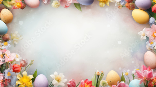Festlicher Banner mit Ostereier und Frühlingsblumen vor pastellfarbenem Hintergrund