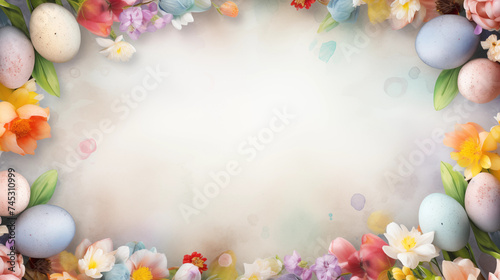 Festlicher Banner mit Ostereier und Frühlingsblumen vor pastellfarbenem Hintergrund
