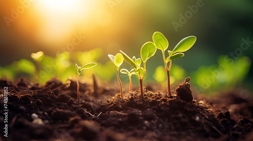Little plants growing from fertile soil with sunlight on the background