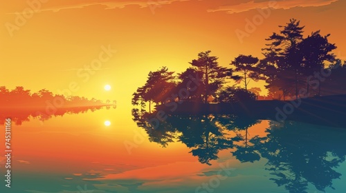 Vibrant Sunrise Anime Scenery By Peaceful Lake