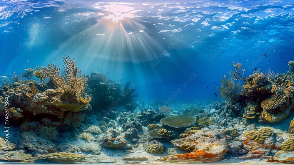 Fototapeta premium Underwater Coral reef and bright ray sun. Generative AI