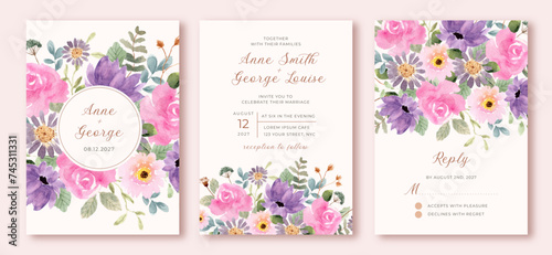 wedding invitation set with purple pink floral watercolor