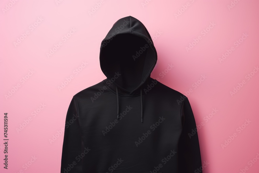 Modern black hoodie on a pink canvas, awaiting your creative print designs for a unique look