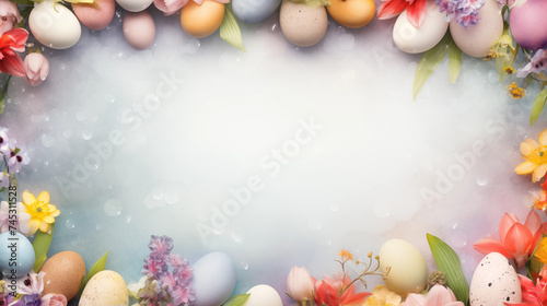 Festlicher Banner mit Ostereier und Frühlingsblumen vor pastellfarbenem Hintergrund