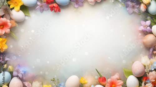 Festlicher Banner mit Ostereier und Frühlingsblumen vor pastellfarbenem Hintergrund