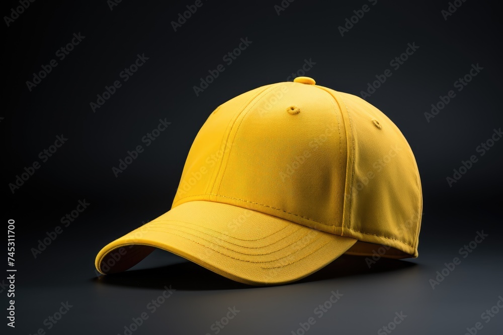 Fototapeta premium The bright yellow of this baseball hat pops against a contrasting black background, ideal for fashion mockups