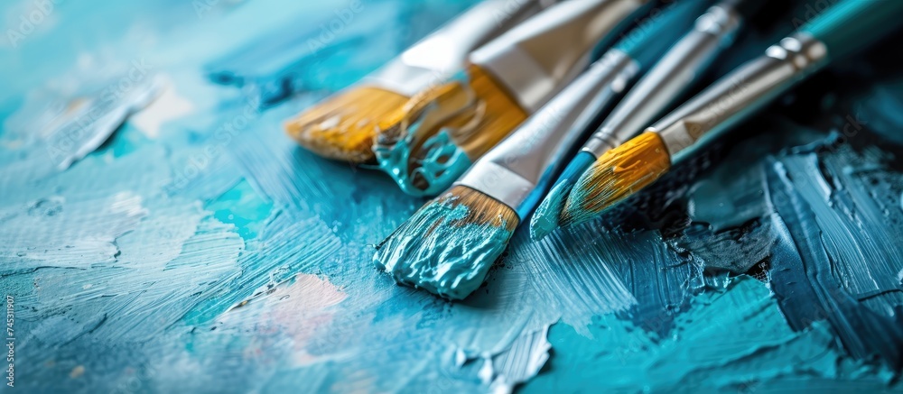 This close-up shows three paint brushes neatly arranged on a wooden table, each showcasing different bristle styles and lengths. The table surface reflects the light, highlighting the details of the This close-up shows three paint brushes neatly arranged on a wooden table, each showcasing different bristle styles and lengths. The table surface reflects the light, highlighting the details of the