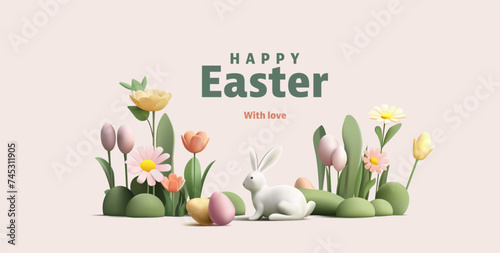 Happy Easter poster with 3d render Easter eggs and bunny in flowers field  egg hunting  game banner