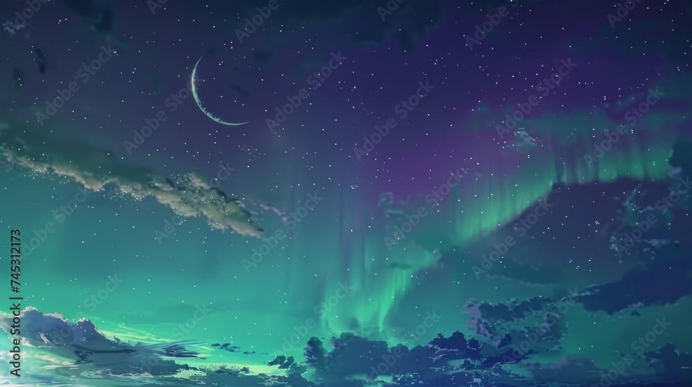Ethereal Anime Night Sky with Crescent Moon AI Generated.