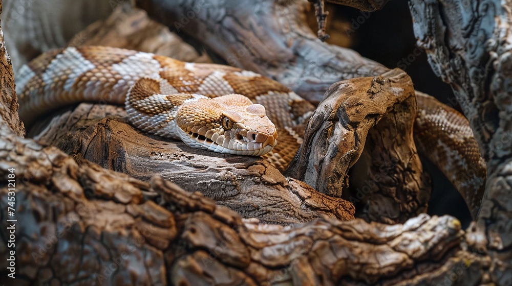 closeup of rattlesnake resting on tree, showcasing the ominous presence of a venomous reptile closeup of rattlesnake resting on tree, showcasing the ominous presence of a venomous reptile