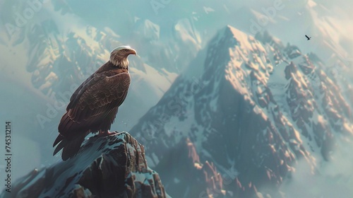 stunning panoramic view of a bald eagle perched on the scenic mountain summit, a symbol of wilderness majesty