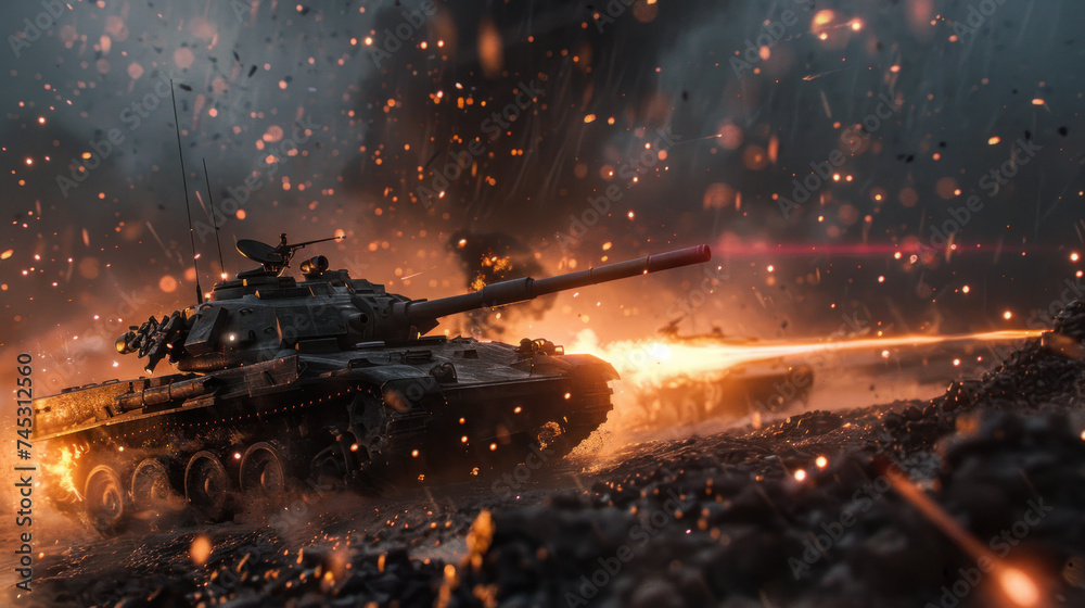 Tank fighting on the battlefield have lights shooting out of their gun barrels Tank fighting on the battlefield have lights shooting out of their gun barrels