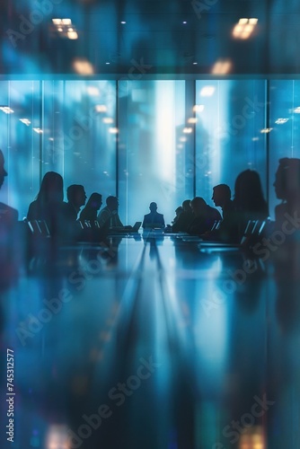 A blurred office meeting background with a business working group engaged in ...