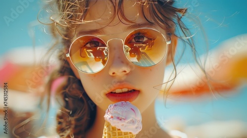 A fashion close-up portrait outdoors featuring a young hipster girl enjoying ...