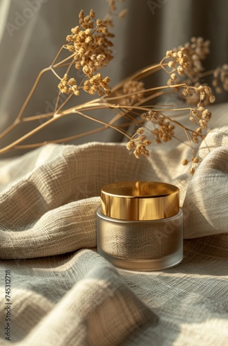 a gold lid and gold rim on a cloth with another product