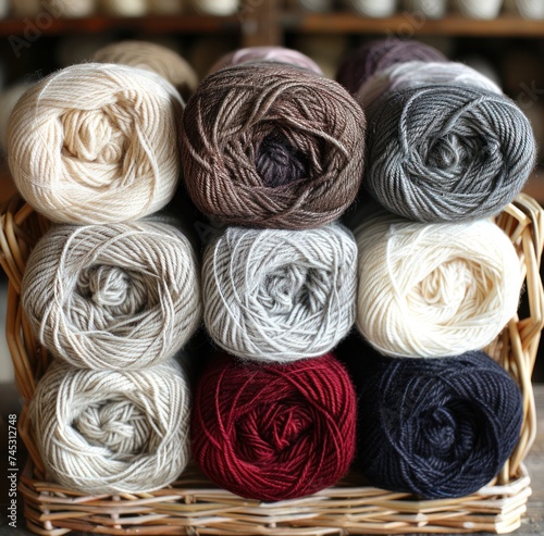 a basket filled with yarns in various colors