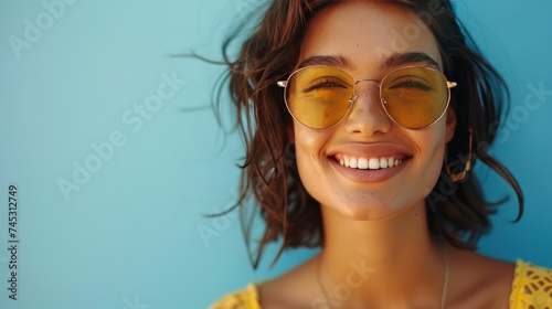 A close-up photo capturing a fashionable young woman in sunglasses smiling ag...