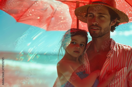 a family on the beach holding their child