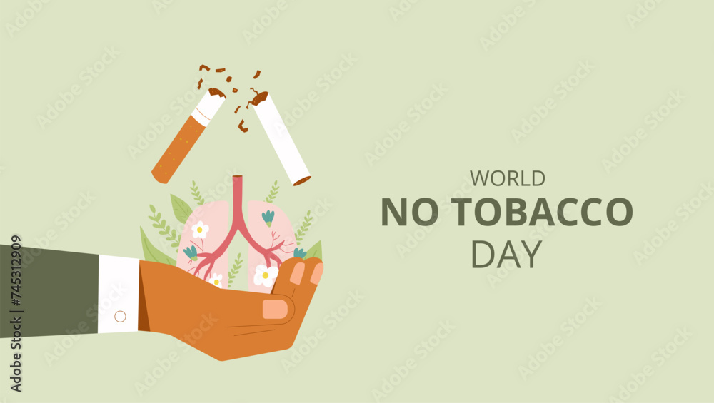 Fototapeta premium World no tobacco day banner. Stop smoking card. Cigarette, planet Earth and forbidden sign in hand