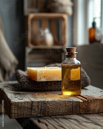 a bottle with oil and soap on a wooden table