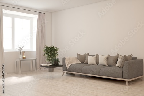 White scandinavian interior design with sofa. 3D illustration